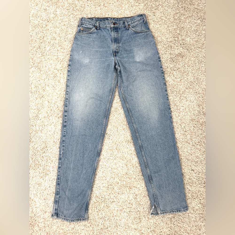 Levi’s 550 Orange Tab Vintage Light Wash Jeans Distressed Side Slit Hem W34
